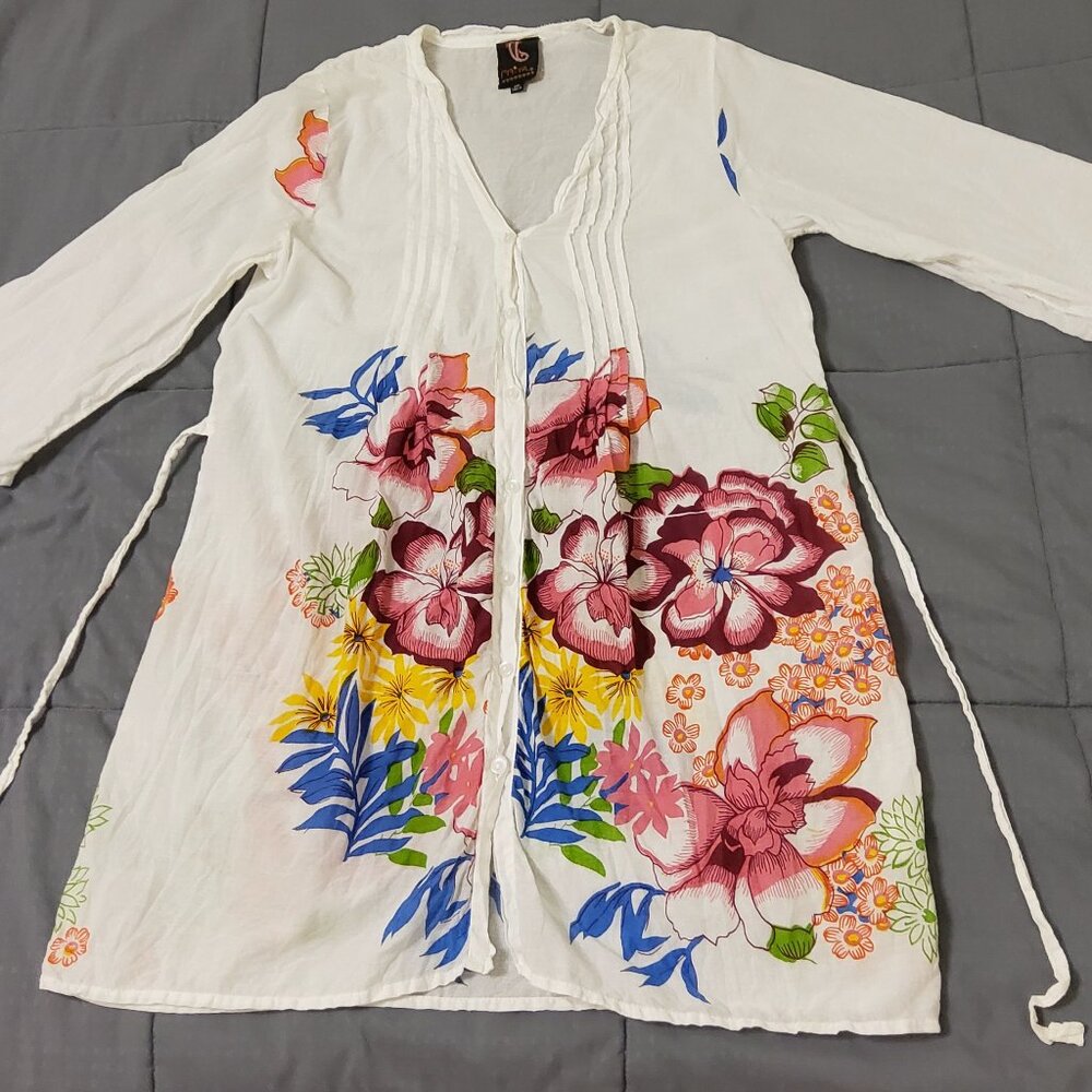 Boho White Cotton Floral Tunic Dress Artisanal Summer Beach Cover-Up - Picture 1 of 5
